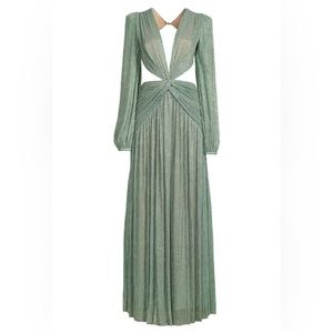 PatBO Green Pleated Maxi Gown with Bishop Sleeves